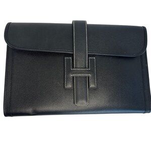 Hermes Black Epsom Jige Elan 29 Clutch With White Stitchings